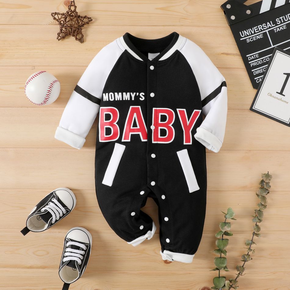 Baby Boy/Girl Raglan-sleeve Letter Print Button Front Jumpsuit Black big image 1