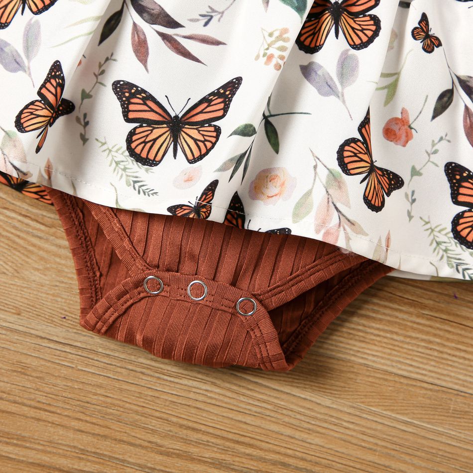 Baby Girl Lace Detail Rib Knit Spliced Butterfly Print Long-sleeve Romper Brown big image 5