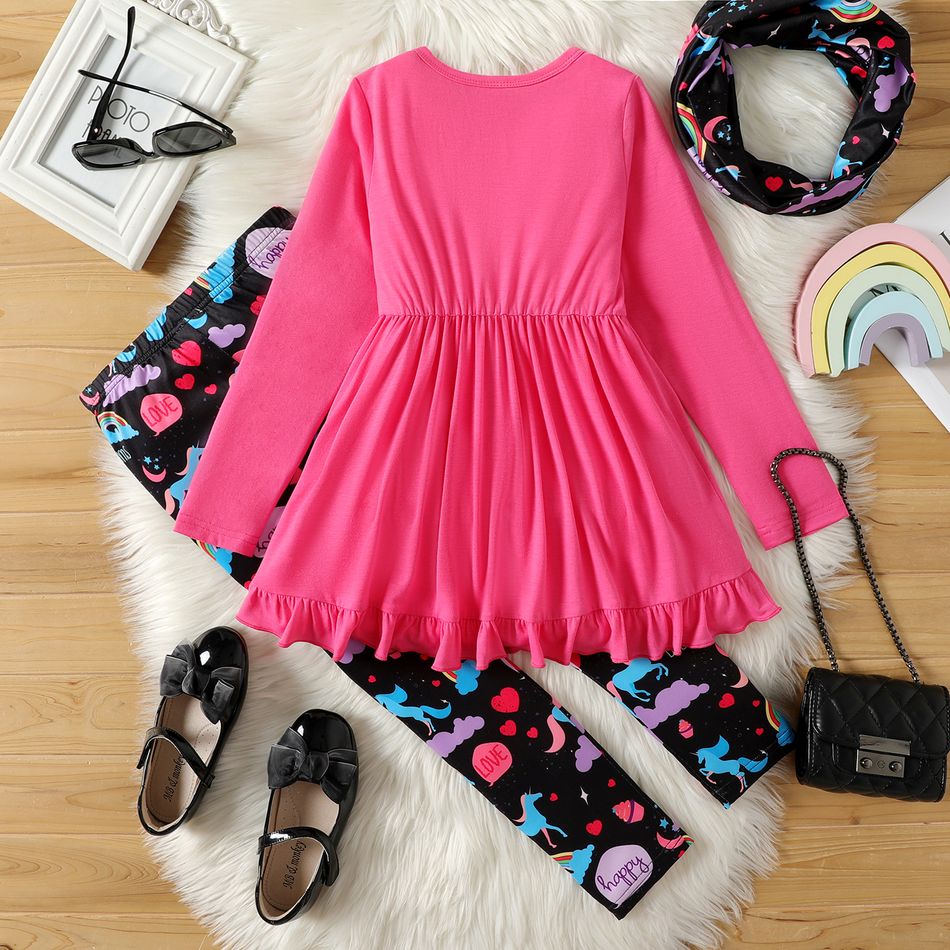 2pcs Kid Girl Unicorn Print Ruffled Long-sleeve Pink Tee & Allover Print Leggings and Scarf Set PINK big image 5