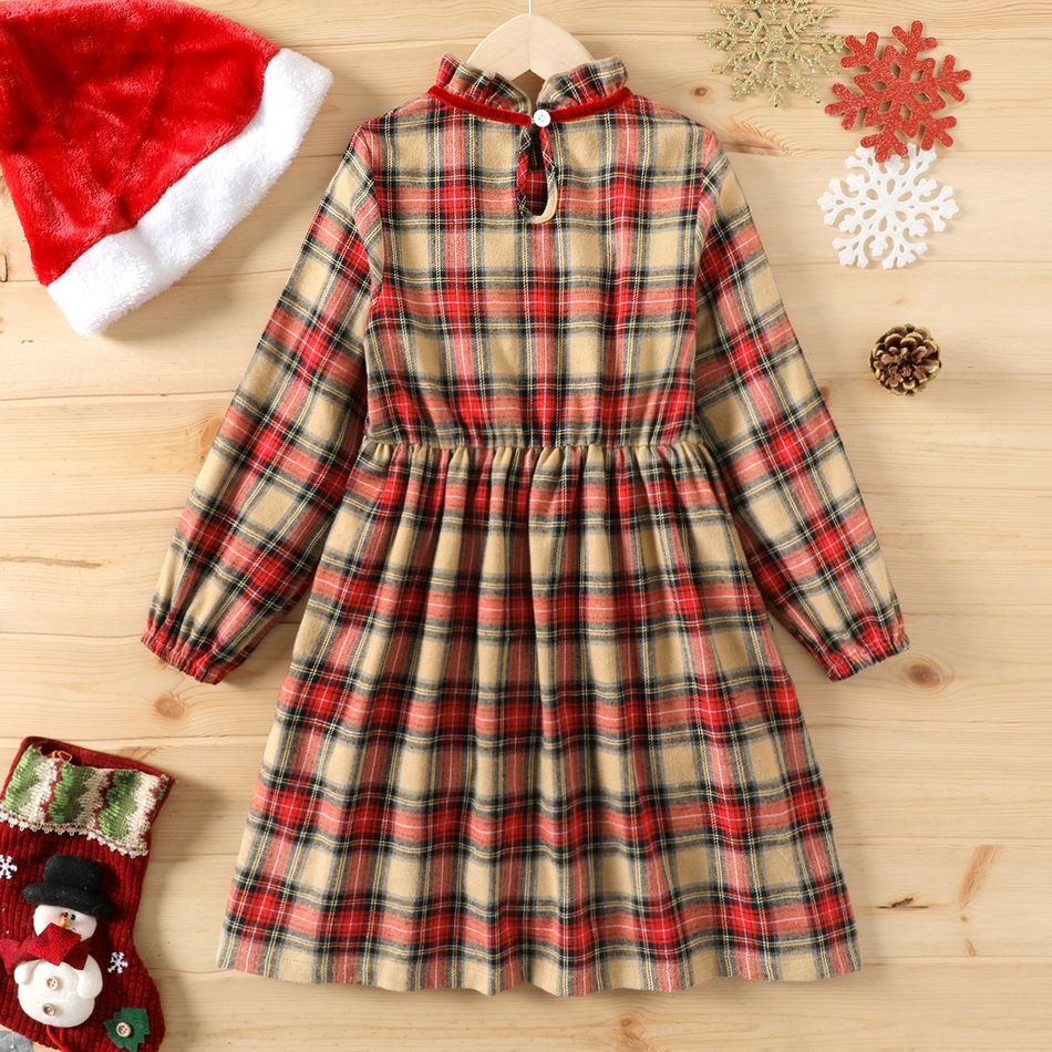 Kid Girl Christmas Sweet Ruffle Collar Plaid Long-sleeve Dress REDWHITE