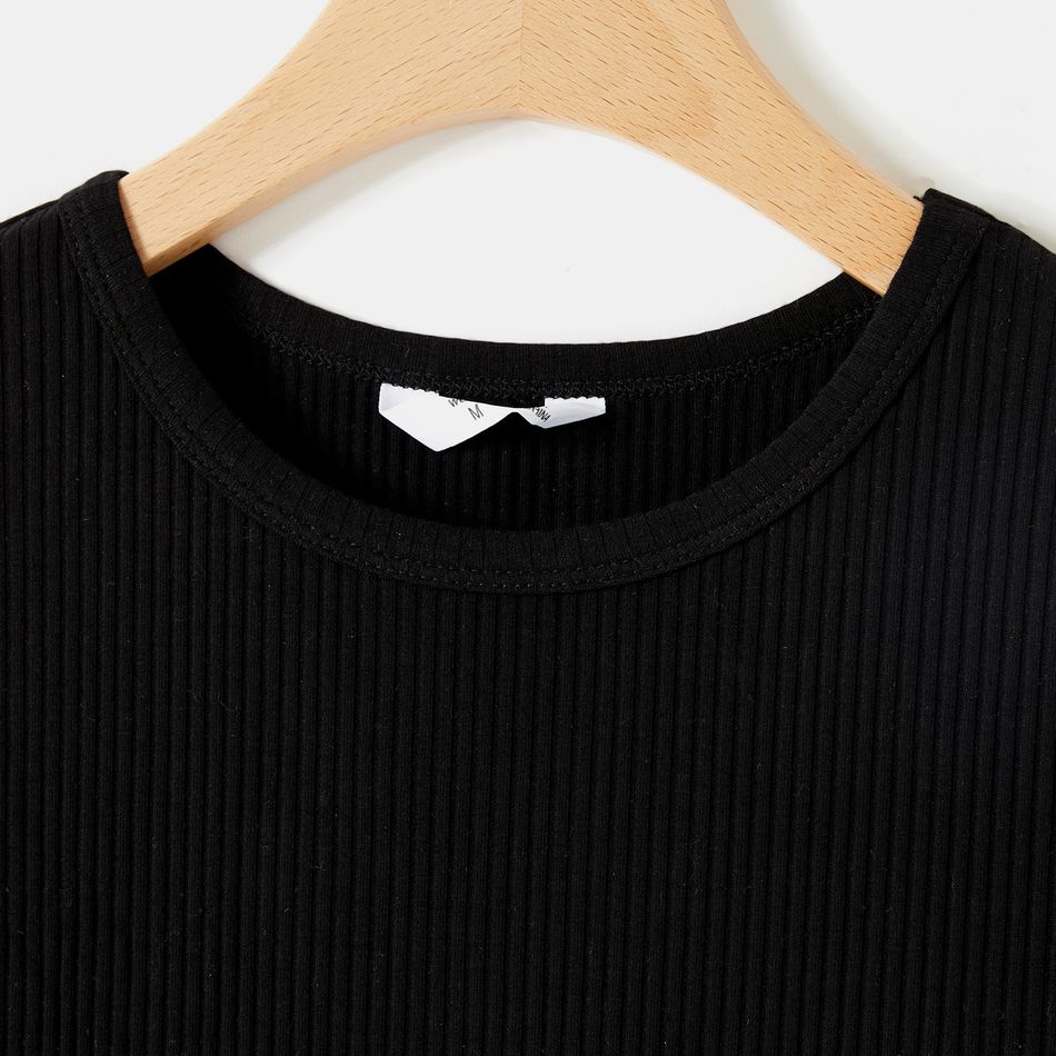 Mommy and Me 95% Cotton Rib Knit Spliced Mesh Long-sleeve Bodycon Dress Black big image 3