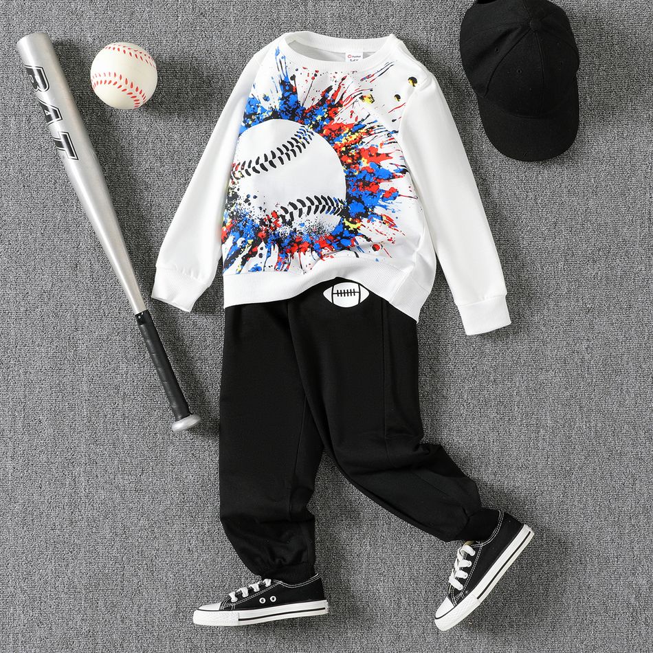 2pcs Kid Boy Ball Painting Print Pullover Sweatshirt and Black Pants Set White