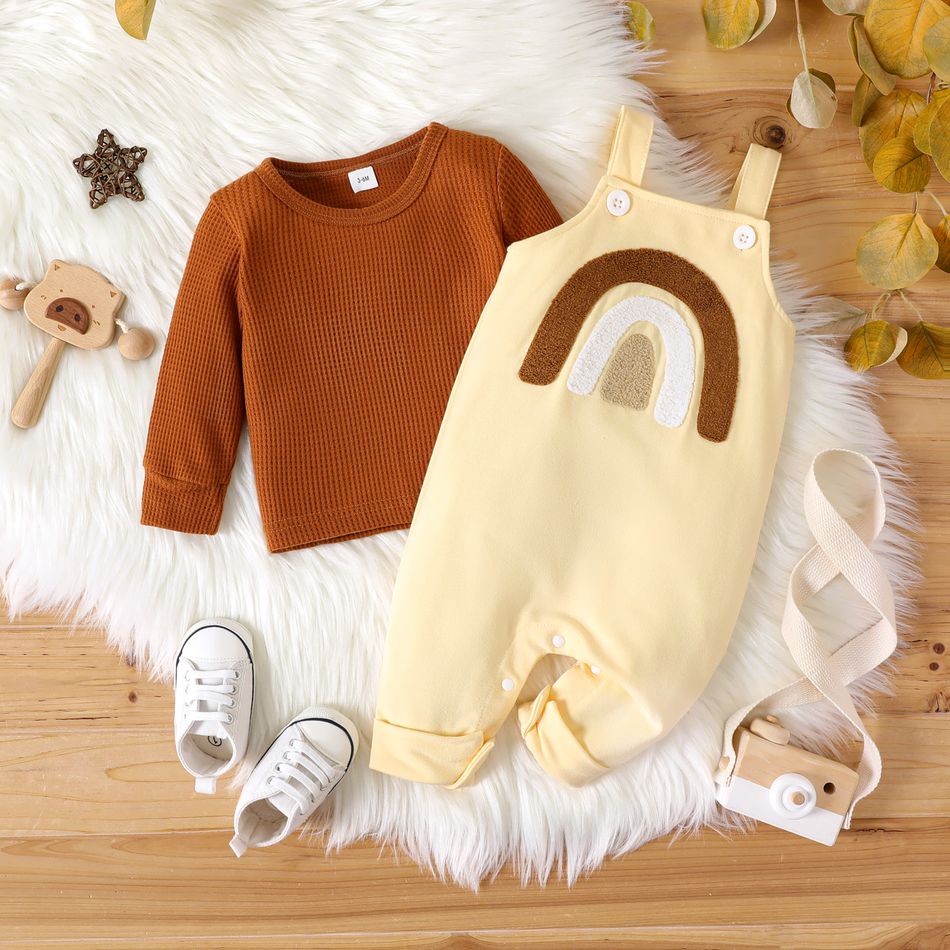 2pcs Baby Boy/Girl Solid Waffle Long-sleeve Pullover and Rainbow Embroidered Overalls Set Brown big image 1