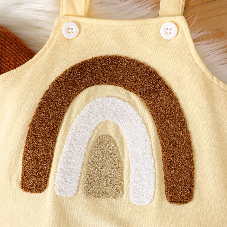 2pcs Baby Boy/Girl Solid Waffle Long-sleeve Pullover and Rainbow Embroidered Overalls Set Brown big image 4