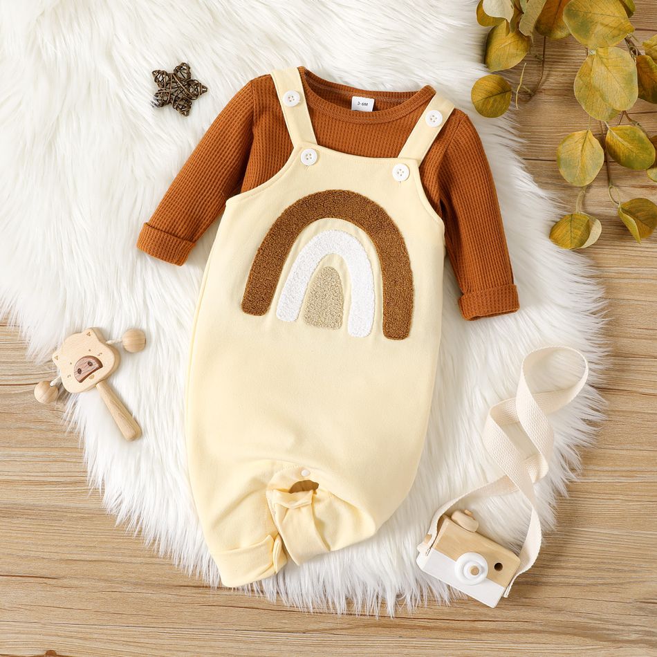 2pcs Baby Boy/Girl Solid Waffle Long-sleeve Pullover and Rainbow Embroidered Overalls Set Brown big image 2
