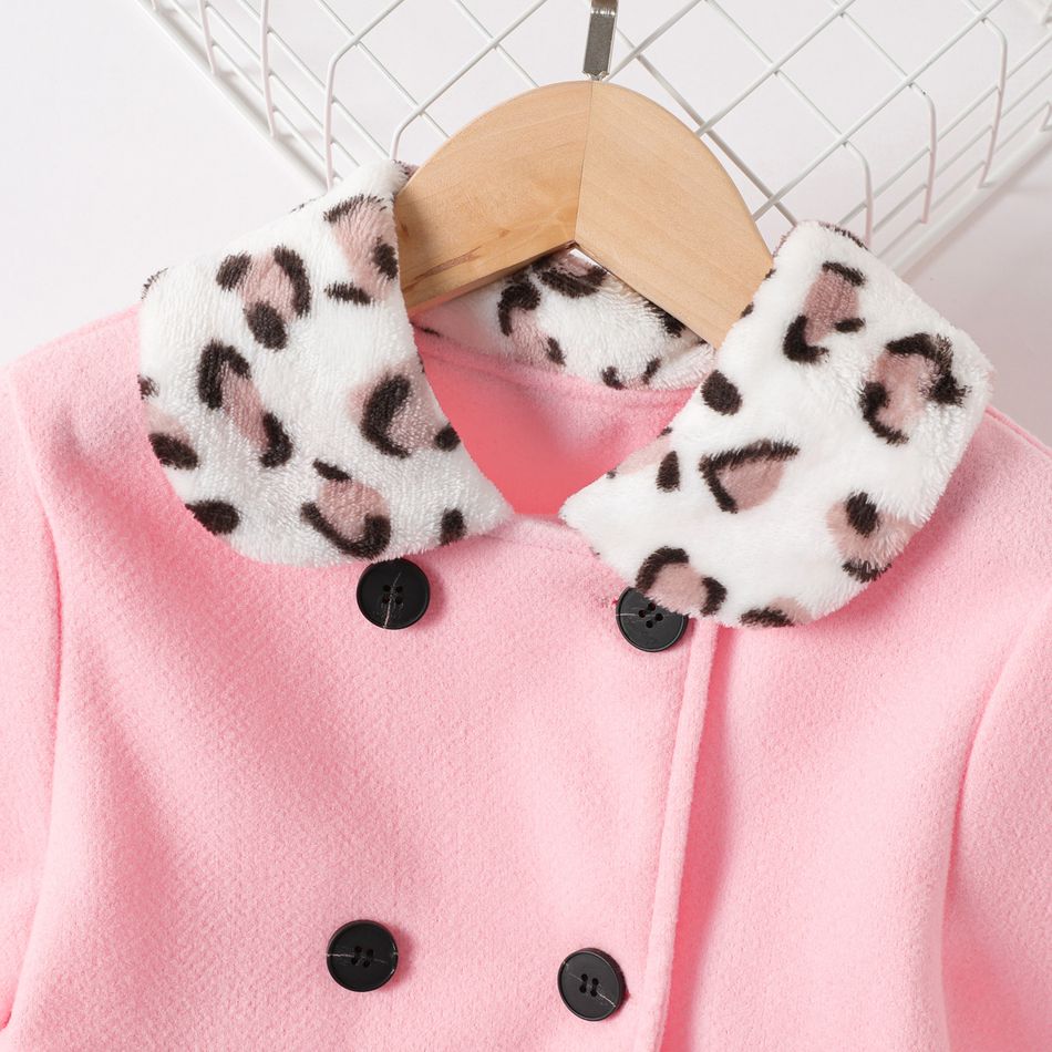 Kid Girl Leopard Print Splice Double Breasted Coat Pink big image 3
