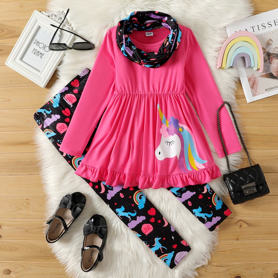 2pcs Kid Girl Unicorn Print Ruffled Long-sleeve Pink Tee & Allover Print Leggings and Scarf Set PINK big image 1