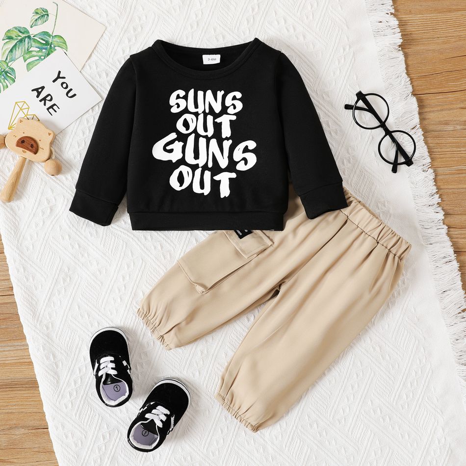 2pcs Baby Boy/Girl Long-sleeve Letter Print Sweatshirt and Flap Pocket Cargo Pants Set Black big image 1