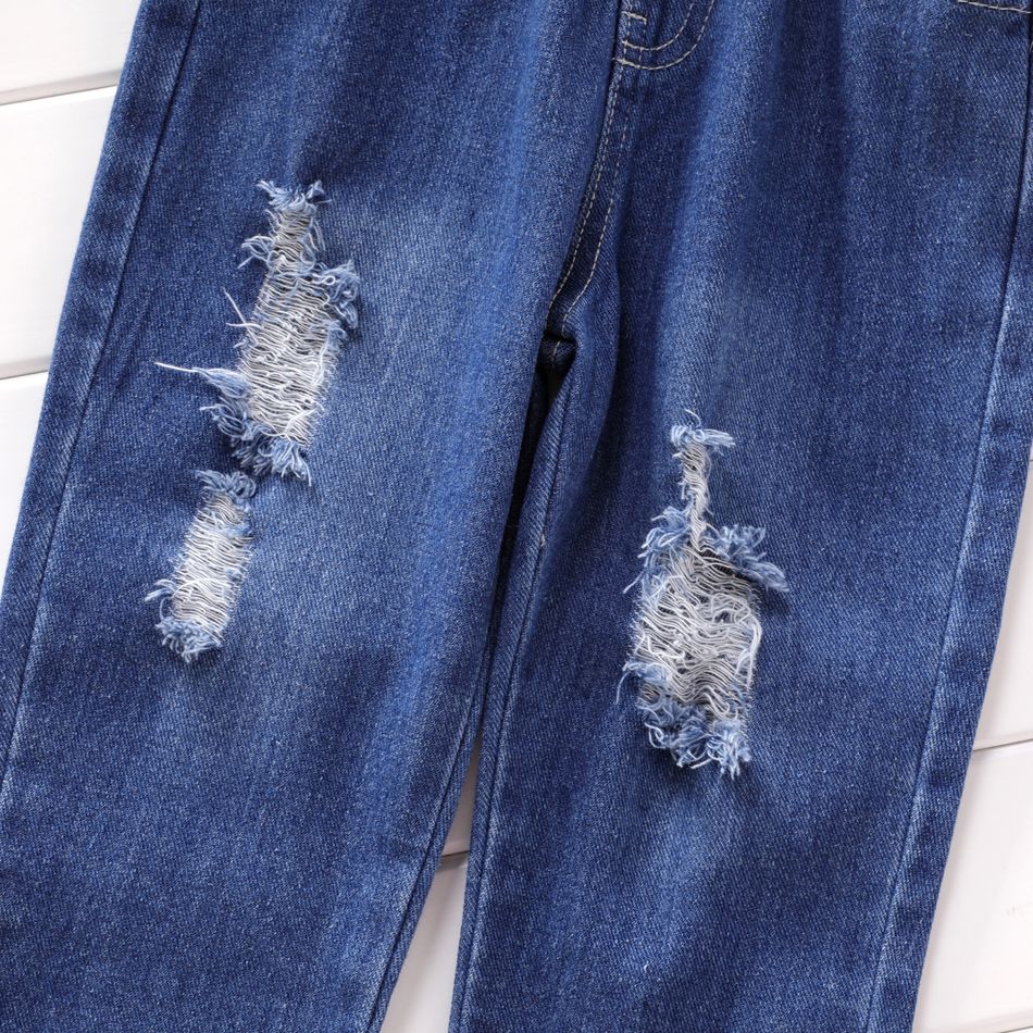 2pcs Toddler Boy Animal Dinosaur Print Faux-two Long-sleeve Tee and Ripped Denim Jeans Set Viridescence big image 4