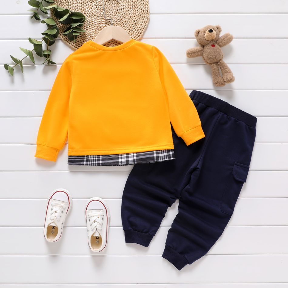 2pcs Toddler Boy Animal Bear Print Faux-two Sweatshirt and Pocket Design Pants Set Yellow big image 2