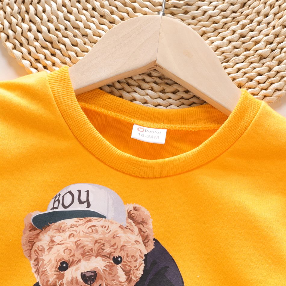 2pcs Toddler Boy Animal Bear Print Faux-two Sweatshirt and Pocket Design Pants Set Yellow big image 3
