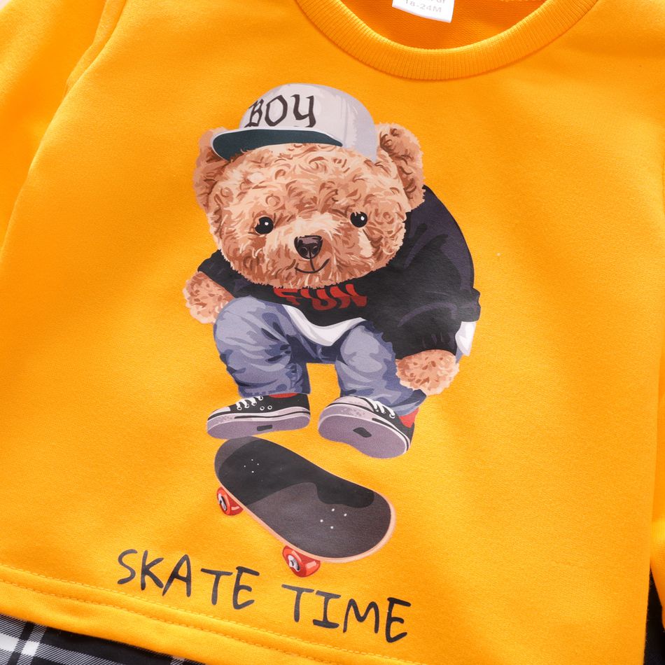 2pcs Toddler Boy Animal Bear Print Faux-two Sweatshirt and Pocket Design Pants Set Yellow big image 4