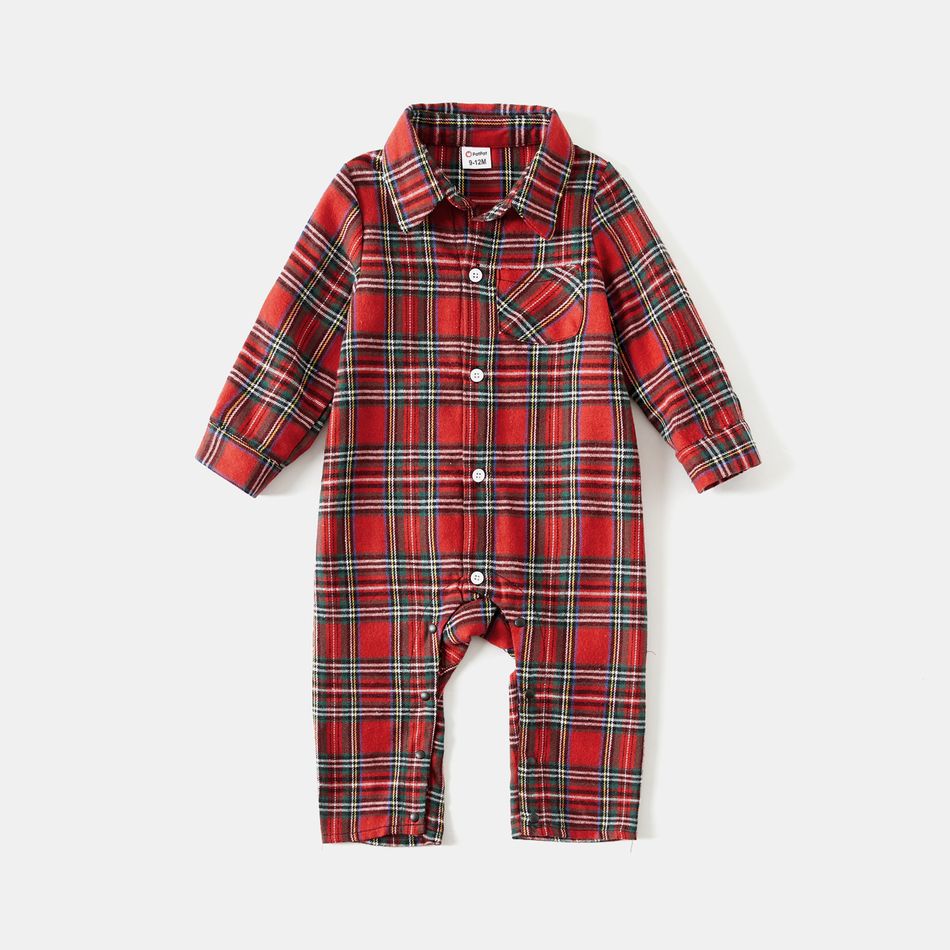 Family Matching Long-sleeve Red Plaid Button Front Shirt Dresses and Polo Shirts Sets Red big image 5