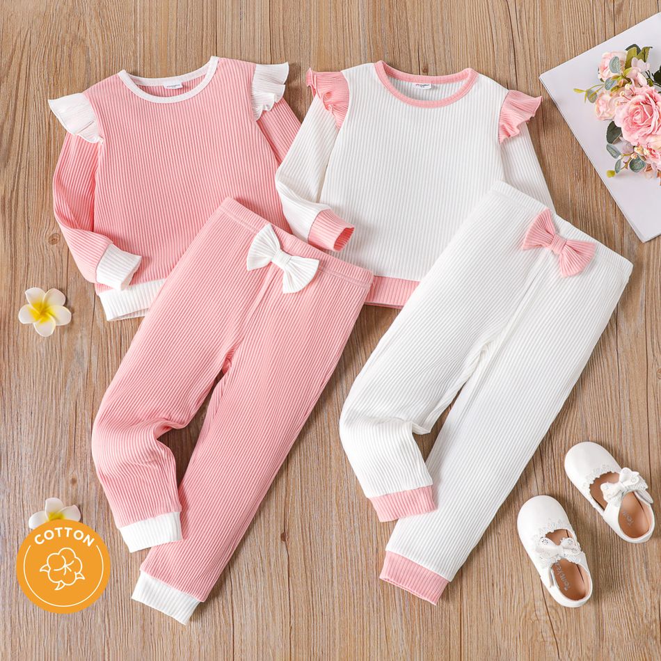 2pcs Toddler Girl Ruffled Ribbed Colorblock Long-sleeve Tee and Bowknot Design Pants Set Pink big image 2