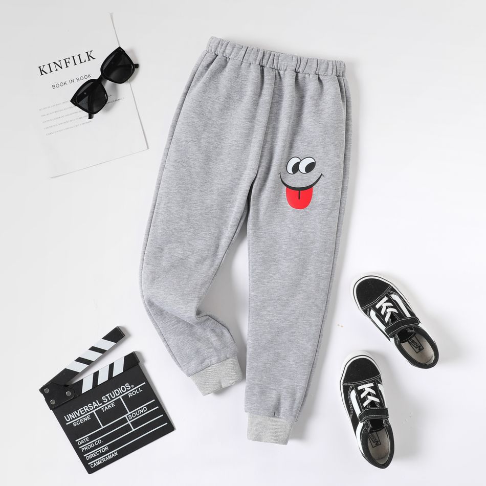 Kid Boy Casual Face Graphic Print Fleece Lined Elasticized Pants Grey