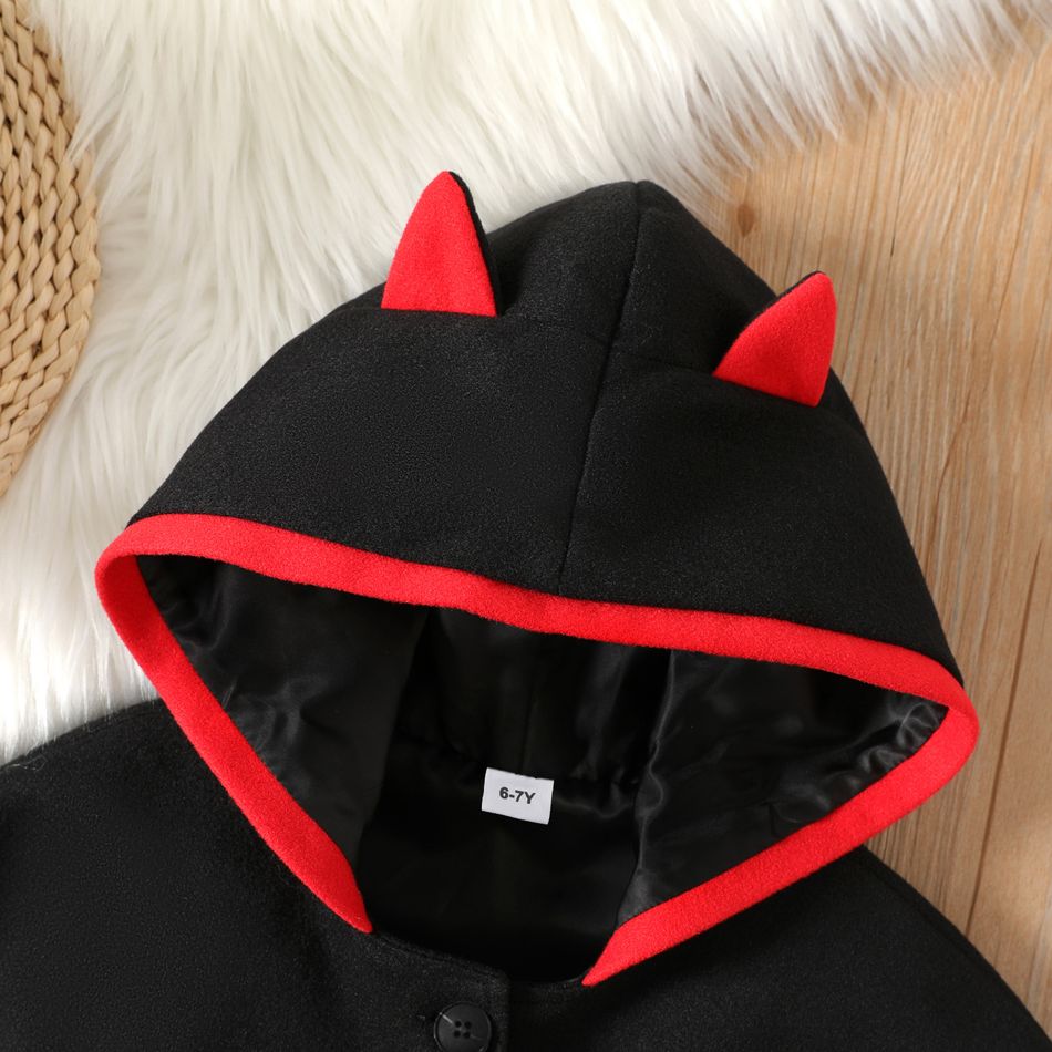 Kid Girl Batwing Button Ear Design Colorblock Hooded Jacket Black big image 2