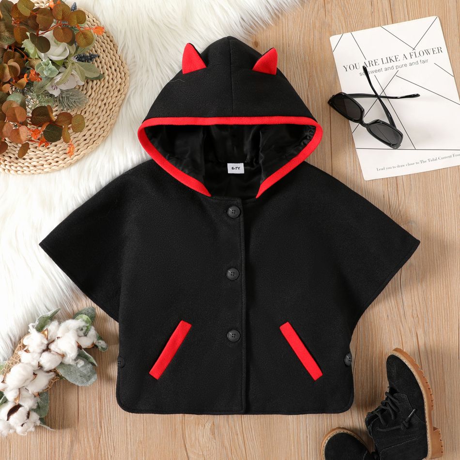 Kid Girl Batwing Button Ear Design Colorblock Hooded Jacket Black