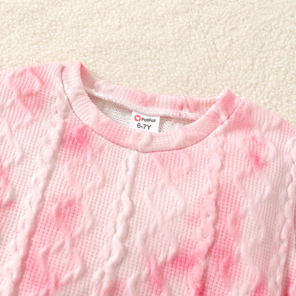 2pcs Kid Girl Tie Dyed Textured Pullover Sweatshirt and Pants Set Pink big image 3
