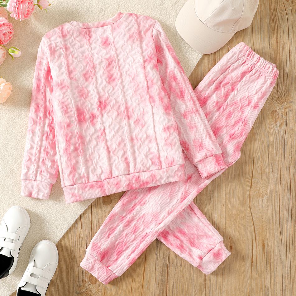 2pcs Kid Girl Tie Dyed Textured Pullover Sweatshirt and Pants Set Pink big image 2