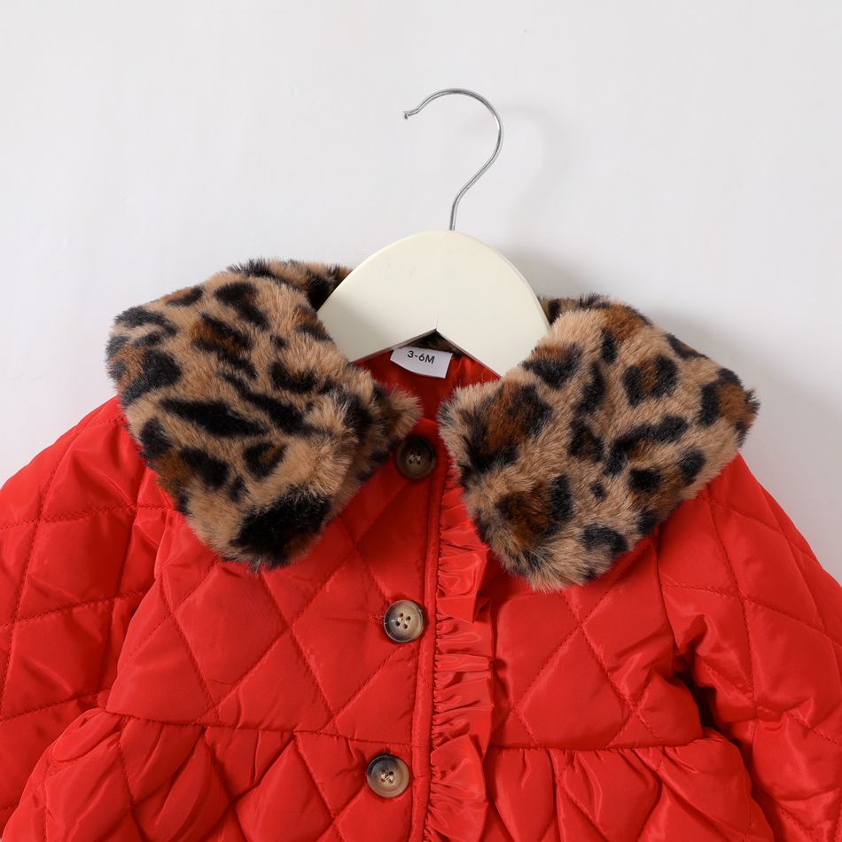 Baby Girl Leopard Fuzzy Collar Thermal Quilted Long-sleeve Coat Red big image 4