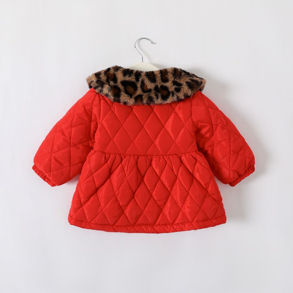 Baby Girl Leopard Fuzzy Collar Thermal Quilted Long-sleeve Coat Red big image 2