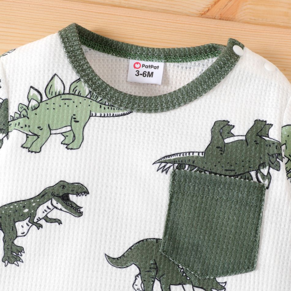 قطعتان من رومبير للأطفال الرضع بأكمام طويلة وطبعة الديناصورات بأكمام طويلة مع طقم قبعة العمري الأخضر big image 3