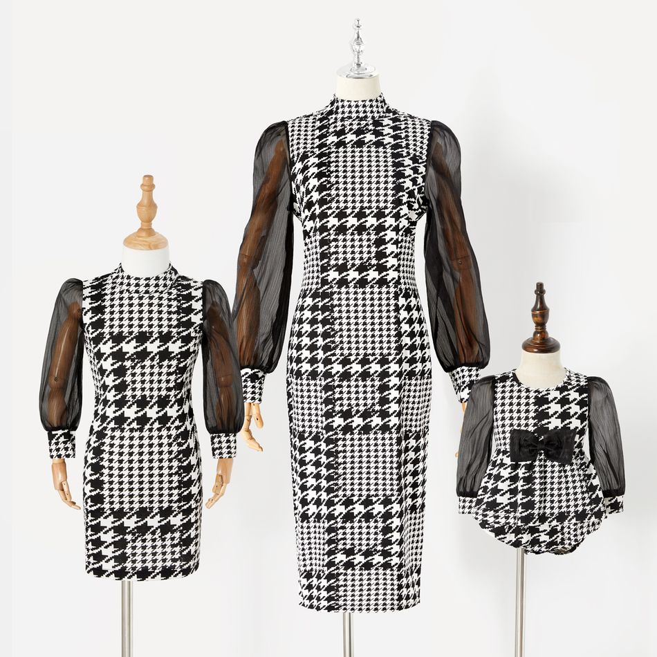 Black Houndstooth Spliced Mesh Puff-sleeve Bodycon Dress for Mom and Me BlackandWhite