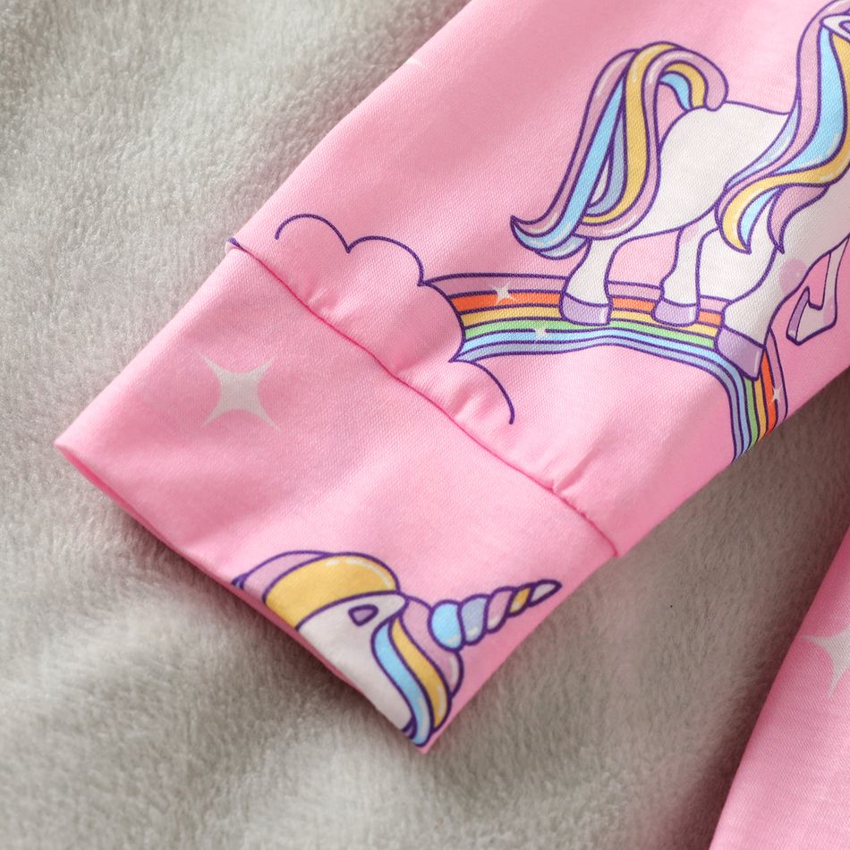 2pcs Kid Girl Unicorn Rainbow Print Long-sleeve Tee and Pants Pajamas Sleepwear Set Pink big image 3