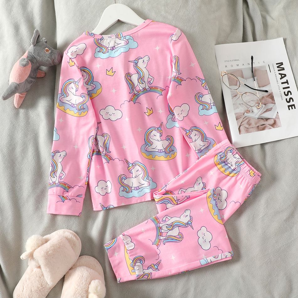 2pcs Kid Girl Unicorn Rainbow Print Long-sleeve Tee and Pants Pajamas Sleepwear Set Pink big image 5