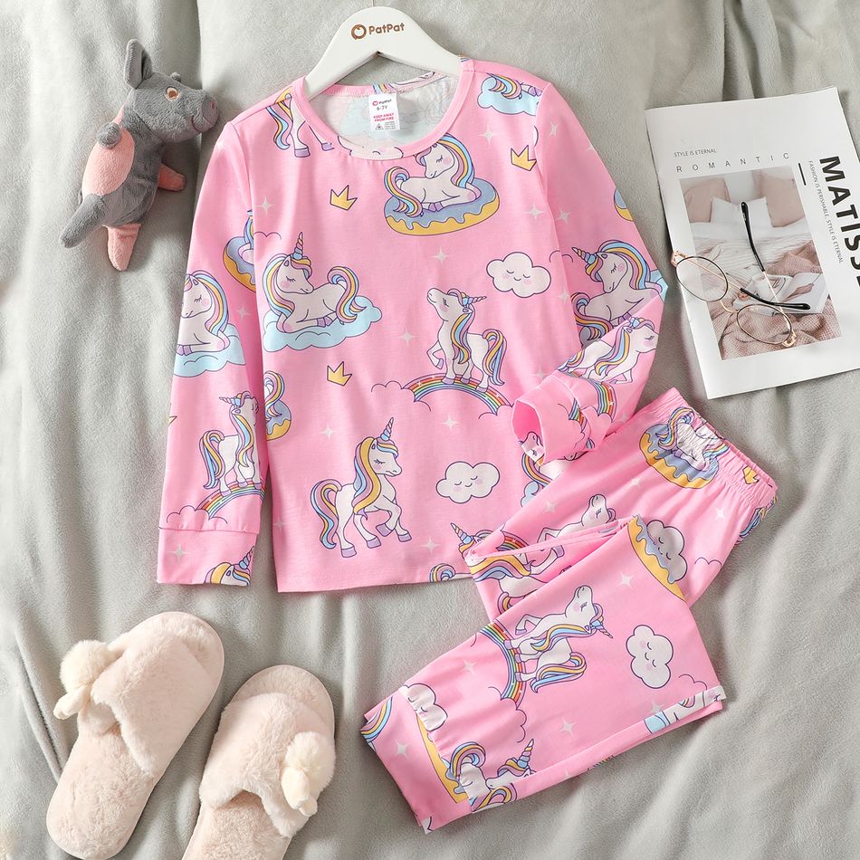 2pcs Kid Girl Unicorn Rainbow Print Long-sleeve Tee and Pants Pajamas Sleepwear Set Pink big image 1