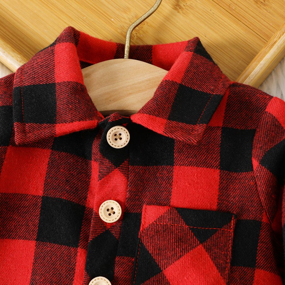 Christmas Baby Boy Red Plaid Long-sleeve Button Front Romper with Pocket redblack big image 3