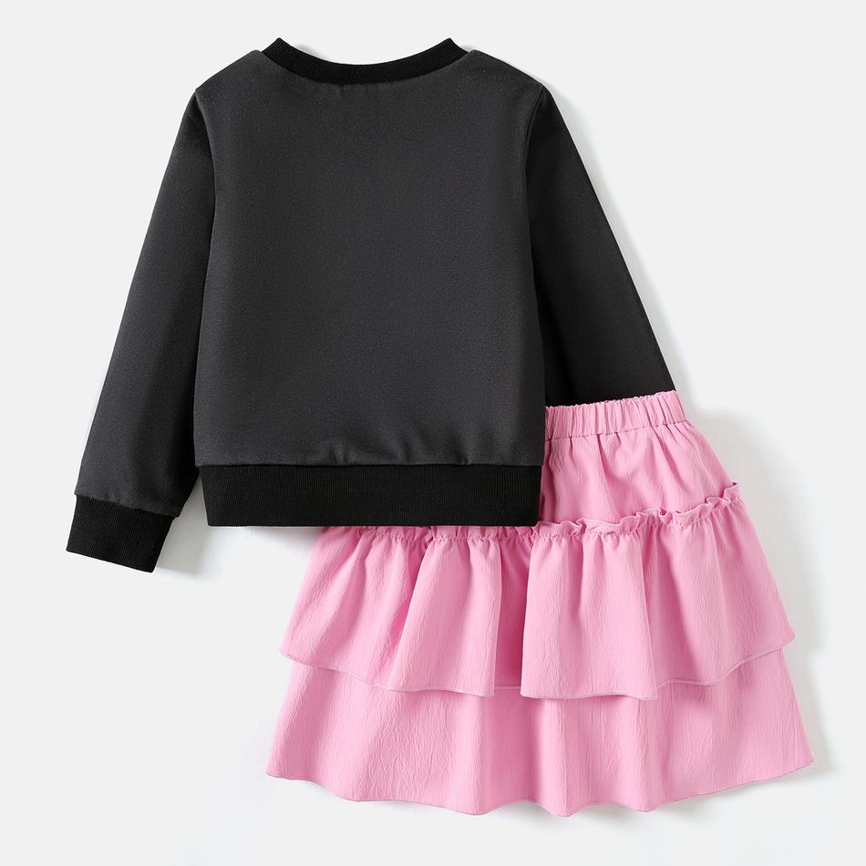 Barbie 2pcs Kid Girl Character Print Black Sweatshirt and Layered Pink Skirt Set Black big image 2
