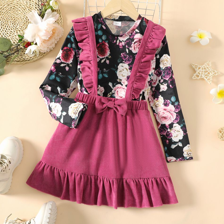2pcs Kid Girl Floral Print Long-sleeve Tee and Bowknot Design Ruffled Suspender Skirt Set Hot Pink big image 1
