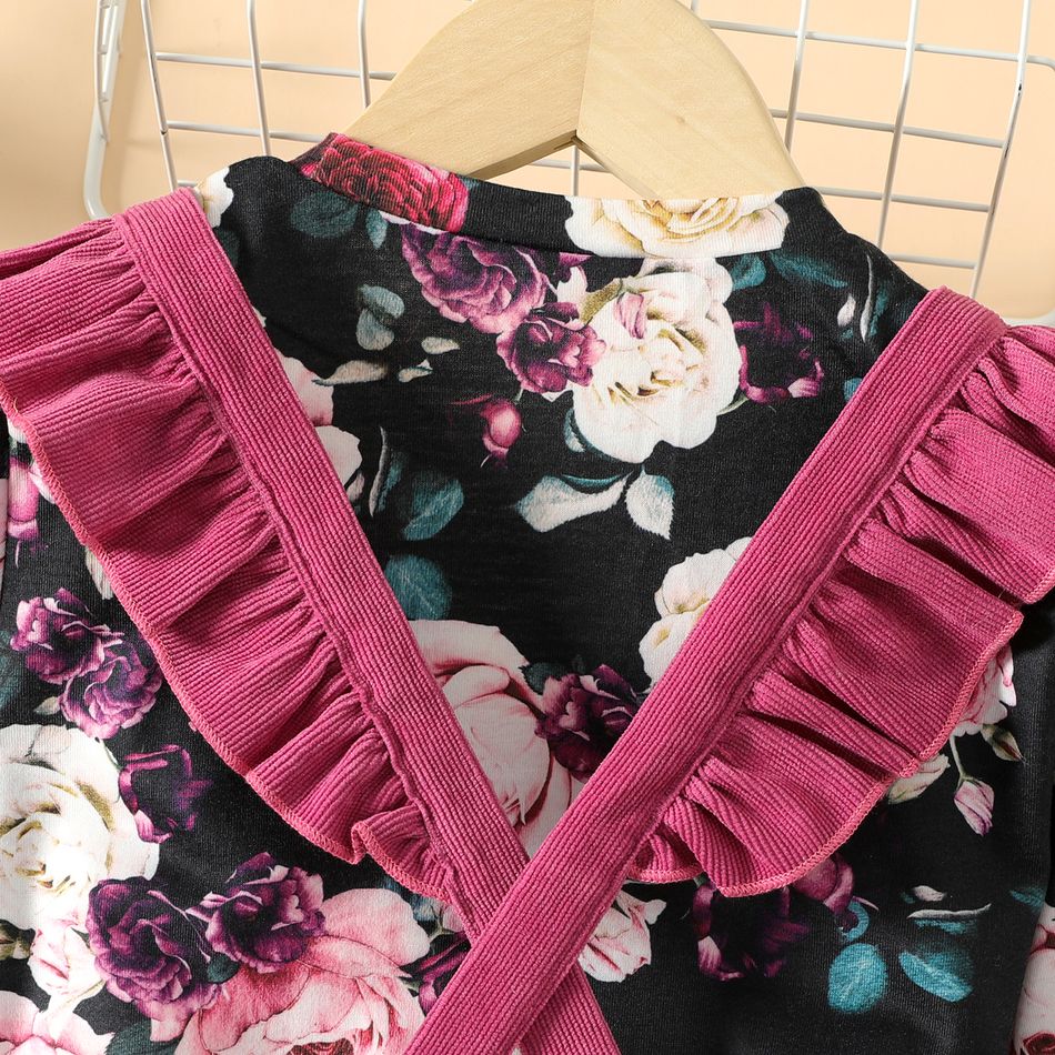 2pcs Kid Girl Floral Print Long-sleeve Tee and Bowknot Design Ruffled Suspender Skirt Set Hot Pink