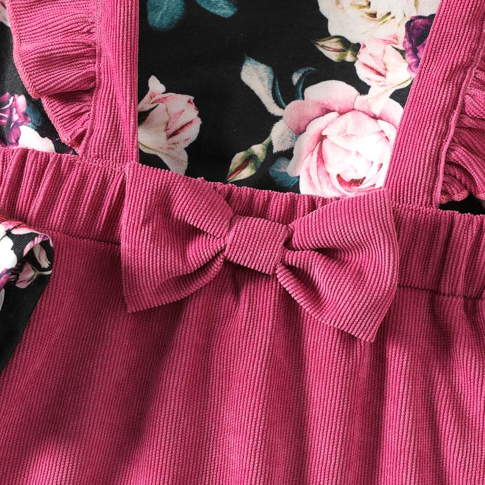 2pcs Kid Girl Floral Print Long-sleeve Tee and Bowknot Design Ruffled Suspender Skirt Set Hot Pink big image 3