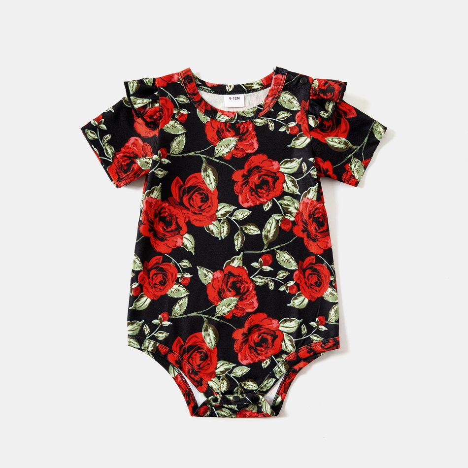 Family Matching Short-sleeve Allover Red Rose Floral Print Twist Knot Bodycon Dresses and Colorblock T-shirts Sets redblack big image 9