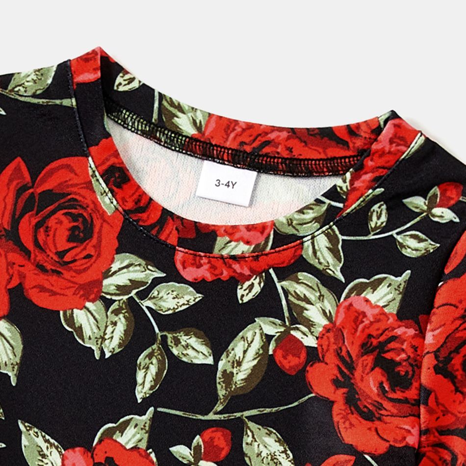 Family Matching Short-sleeve Allover Red Rose Floral Print Twist Knot Bodycon Dresses and Colorblock T-shirts Sets redblack big image 7