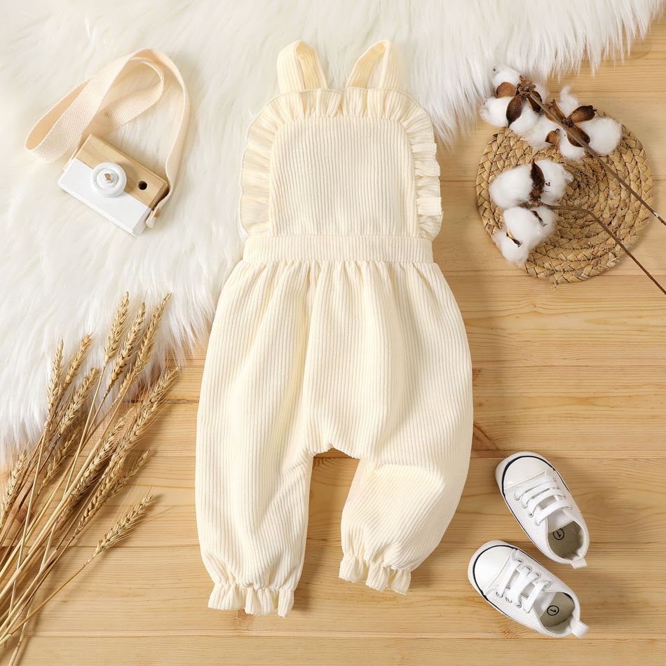 Baby Girl Solid Corduroy Ruffle Trim Overalls OffWhite