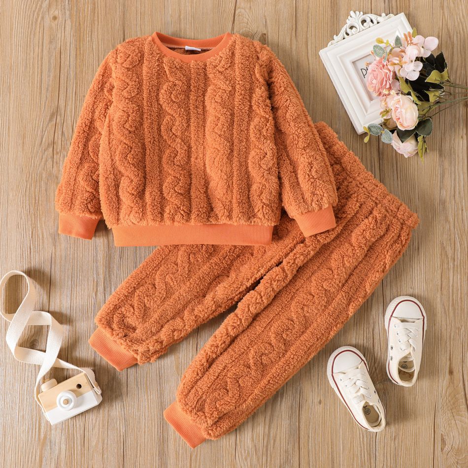 2pcs Toddler Girl Solid Color Textured Fleece Sweatshirt and Pants Set FreshOrange
