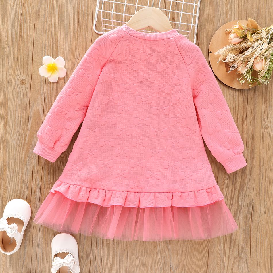 Toddler Girl Bowknot Textured Mesh Splice Pink Sweatshirt Dress Pink big image 2