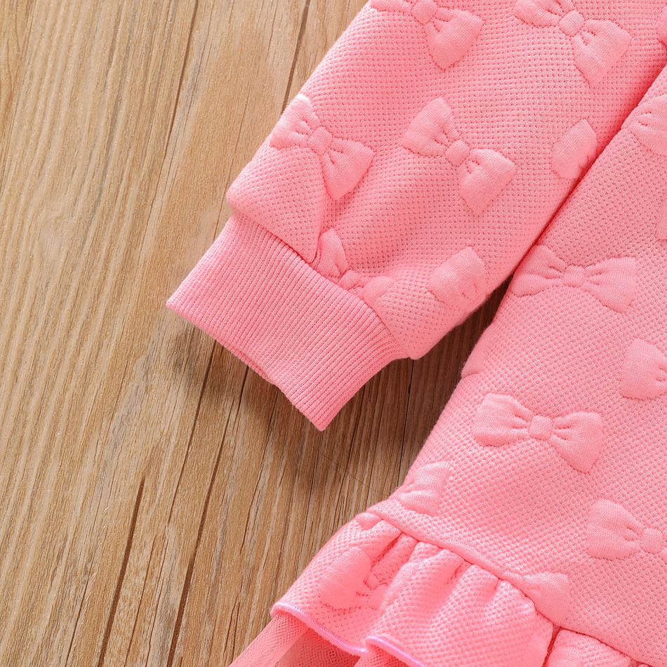 Toddler Girl Bowknot Textured Mesh Splice Pink Sweatshirt Dress Pink big image 4