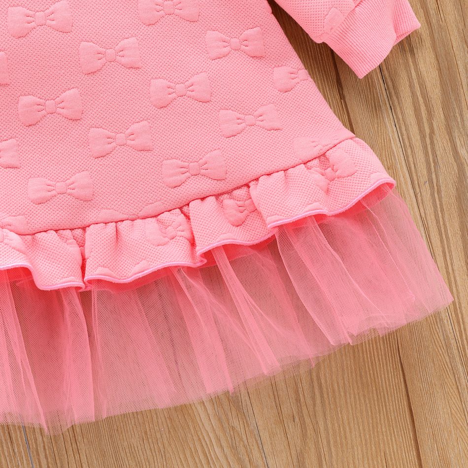 Toddler Girl Bowknot Textured Mesh Splice Pink Sweatshirt Dress Pink big image 5