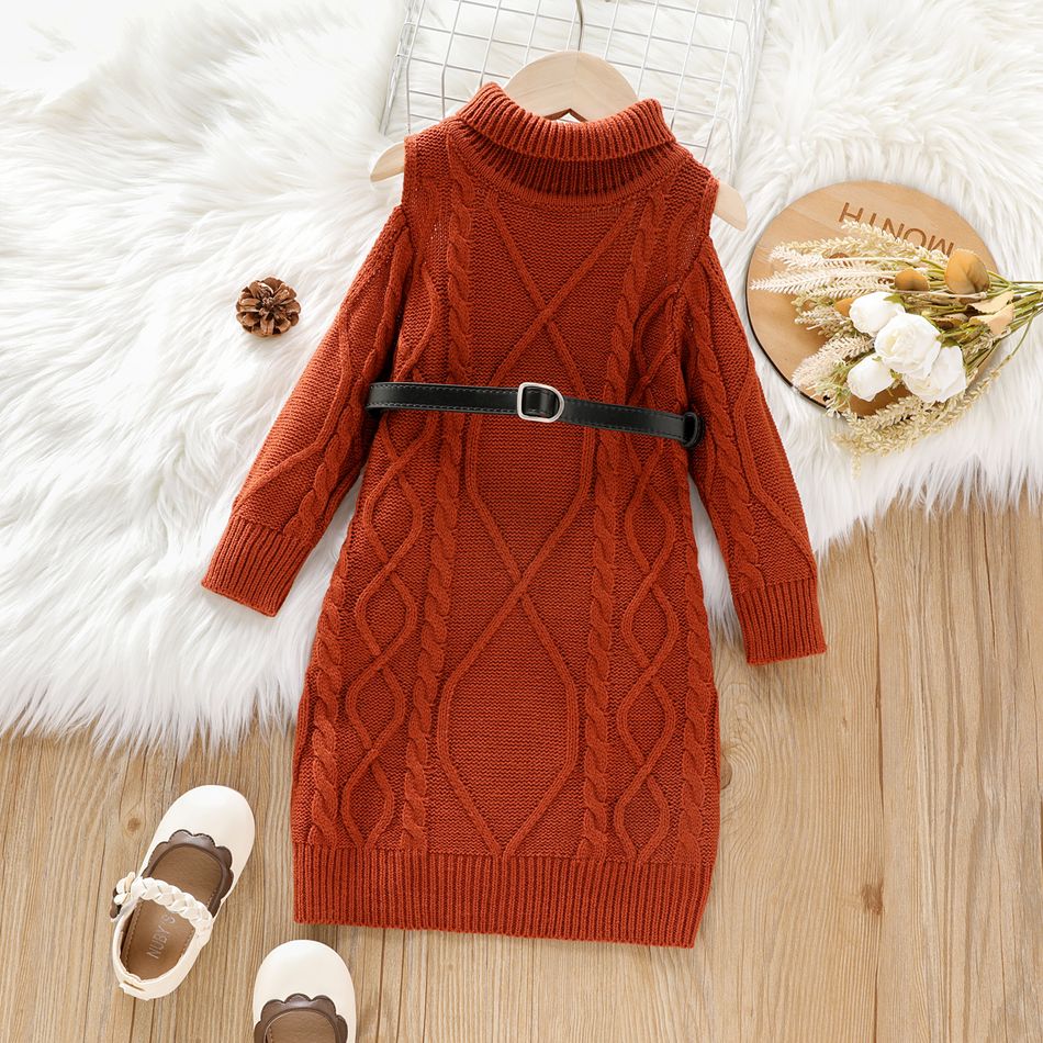 Toddler Girl Elegant Cable Knit Turtleneck Cold Shoulder Long-sleeve Dress Brown big image 1