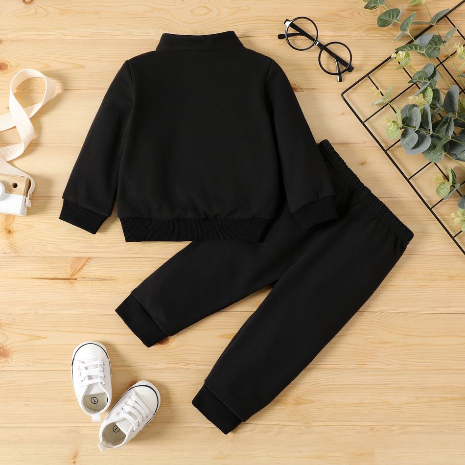 2pcs Baby Girl Letter Embroidered Black Long-sleeve Zipper Sweatshirt and Sweatpants Set Black big image 2