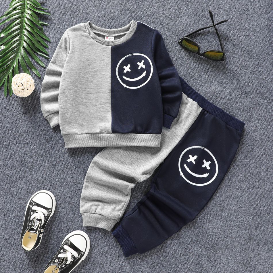 2pcs Toddler Boy Face Graphic Print Colorblock Sweatshirt and Pants Casual Set royalblue