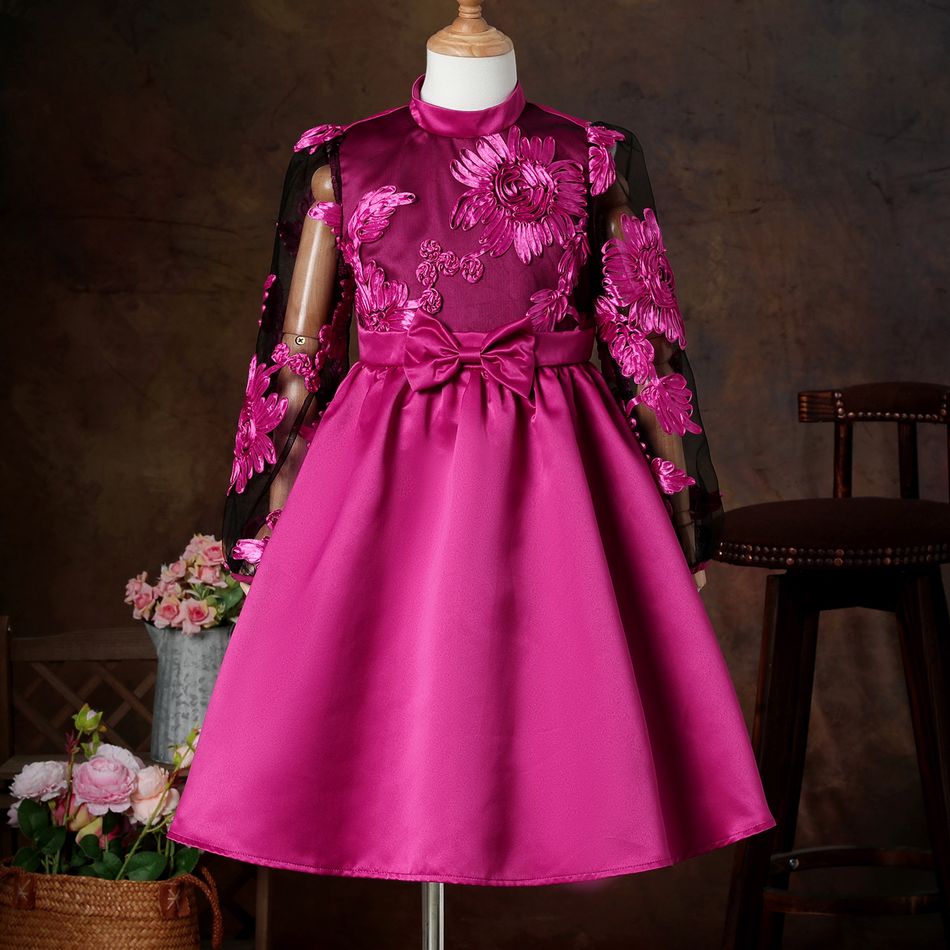 Kid Girl Elegant Floral Embroidered Stand Collar Mesh Splice Evening Party Dress Hot Pink