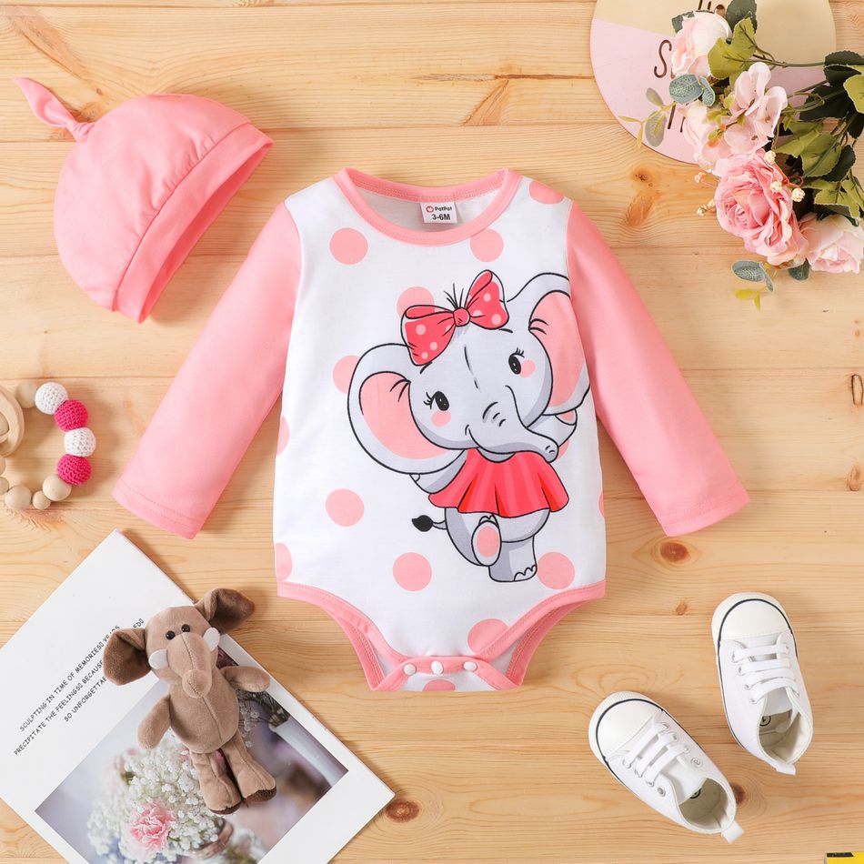2pcs Baby Boy/Girl Elephant Print Long-sleeve Romper with Hat Set Pink