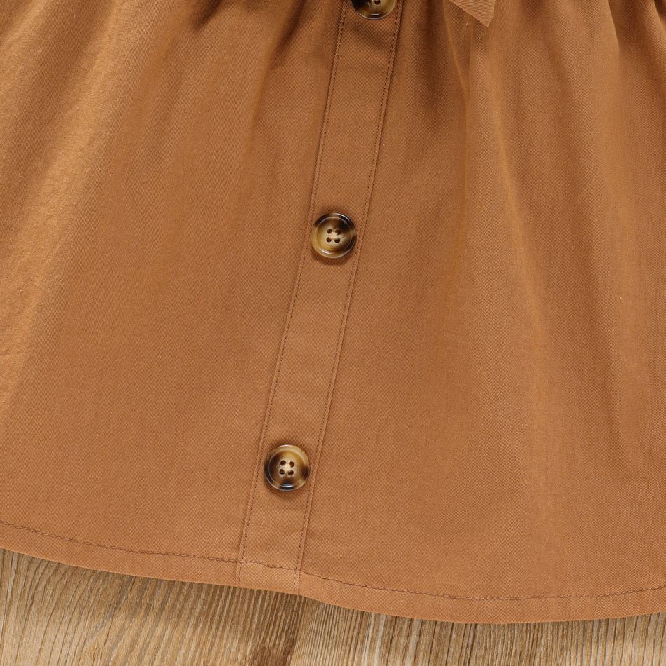 2pcs Toddler Girl Flounce Off Shoulder Blouse and Button Design Belted Skirt Set Brown big image 4