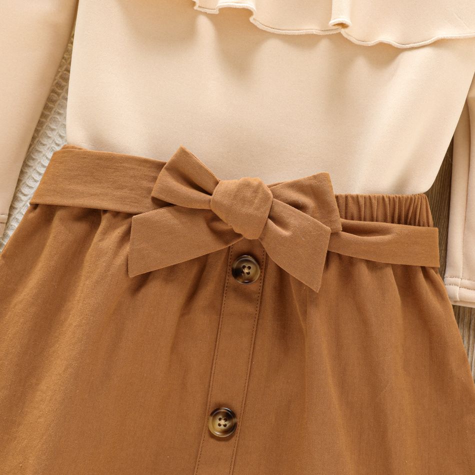 2pcs Toddler Girl Flounce Off Shoulder Blouse and Button Design Belted Skirt Set Brown big image 2