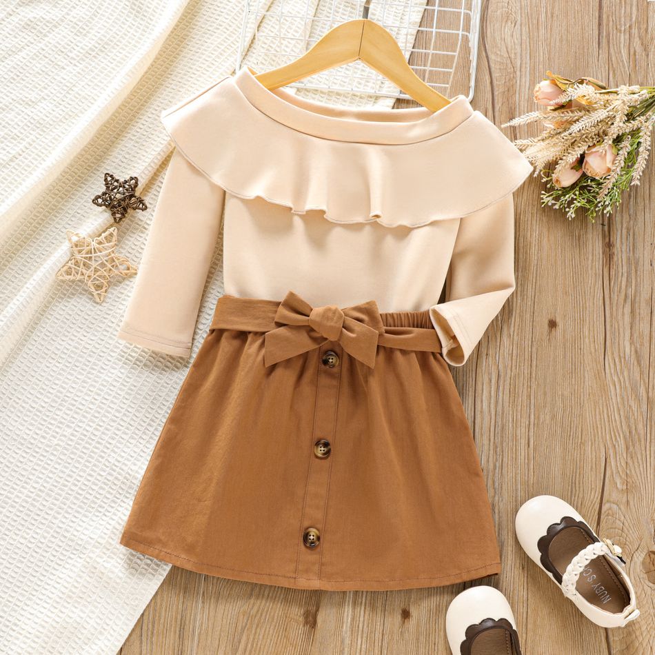 2pcs Toddler Girl Flounce Off Shoulder Blouse and Button Design Belted Skirt Set Brown big image 1